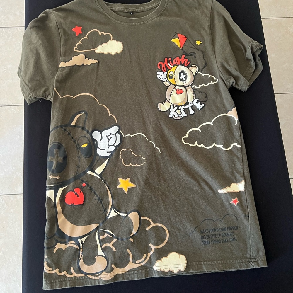 Olive Green Cartoon Character Tee with Stars